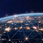 Global telecommunication network, nodes connected around earth,